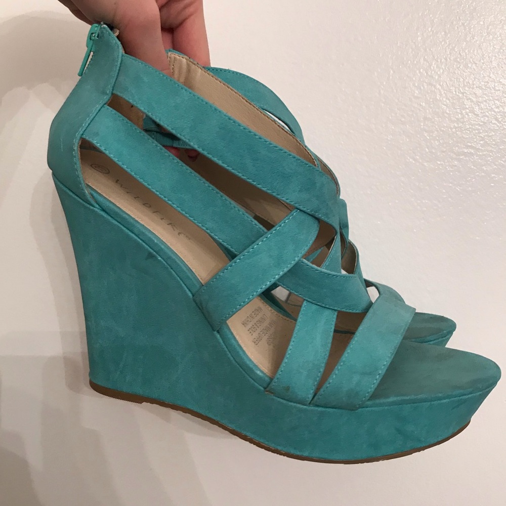 Turquoise blue platform wedge heels